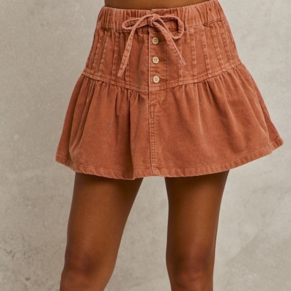 SO ME Mineral Wash Pintucked Corduroy Tiered Mini Skirt Button Front - Rust
